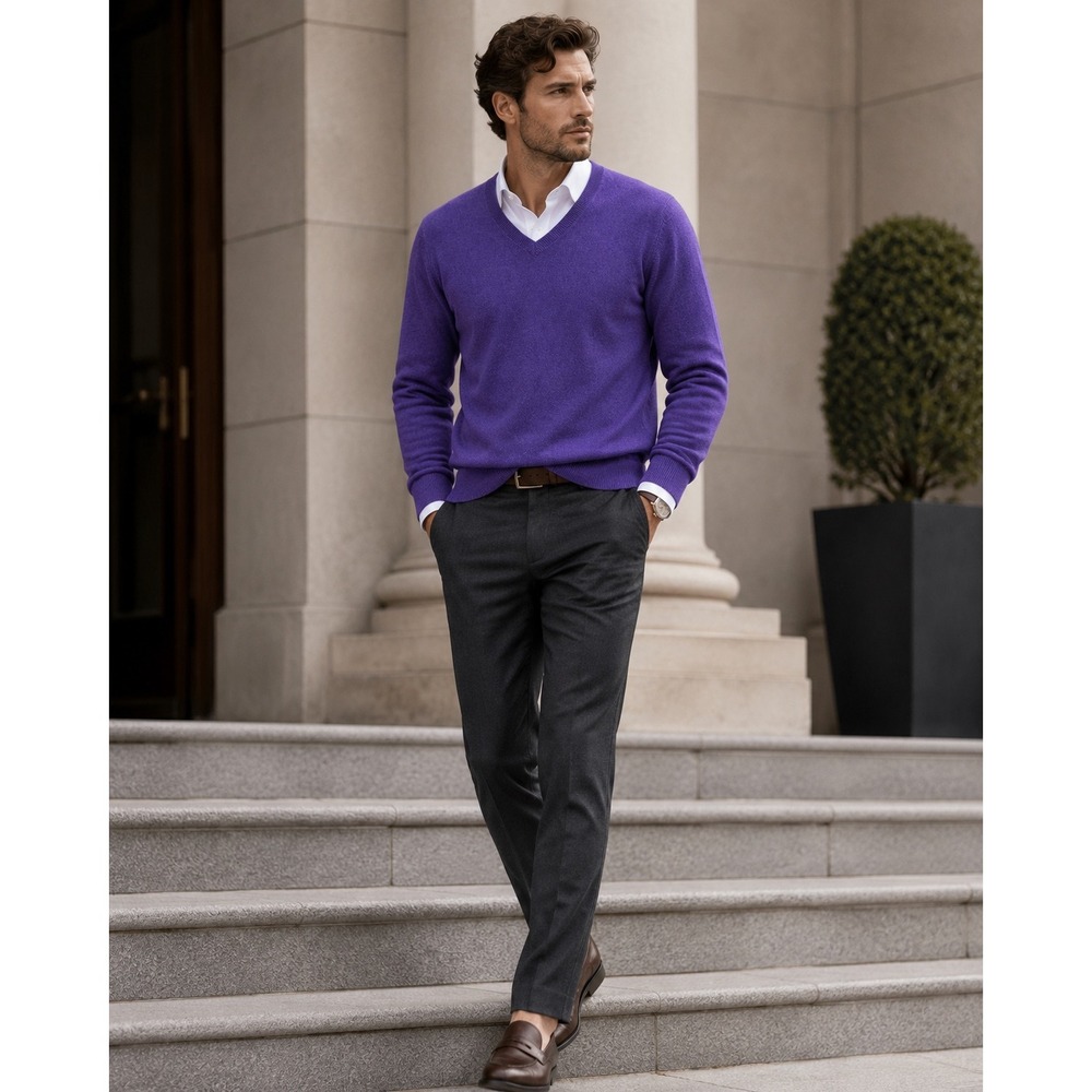 Claiborne Men's Large Purple Cotton Cashmere V-Neck‎ Sweater Classic Preppy